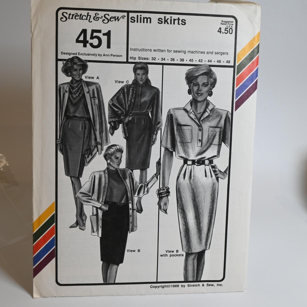 Stretch & Sew Sewing Pattern 451 Slim Skirts Womens Hip 32-48 Uncut Factory Fold